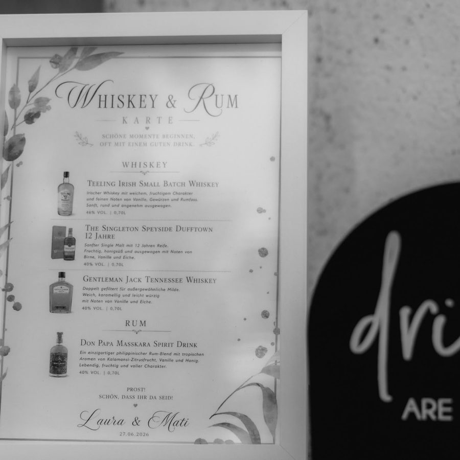 Gerahmte Whiskey- und Rumkarte neben dem Schild der Bar